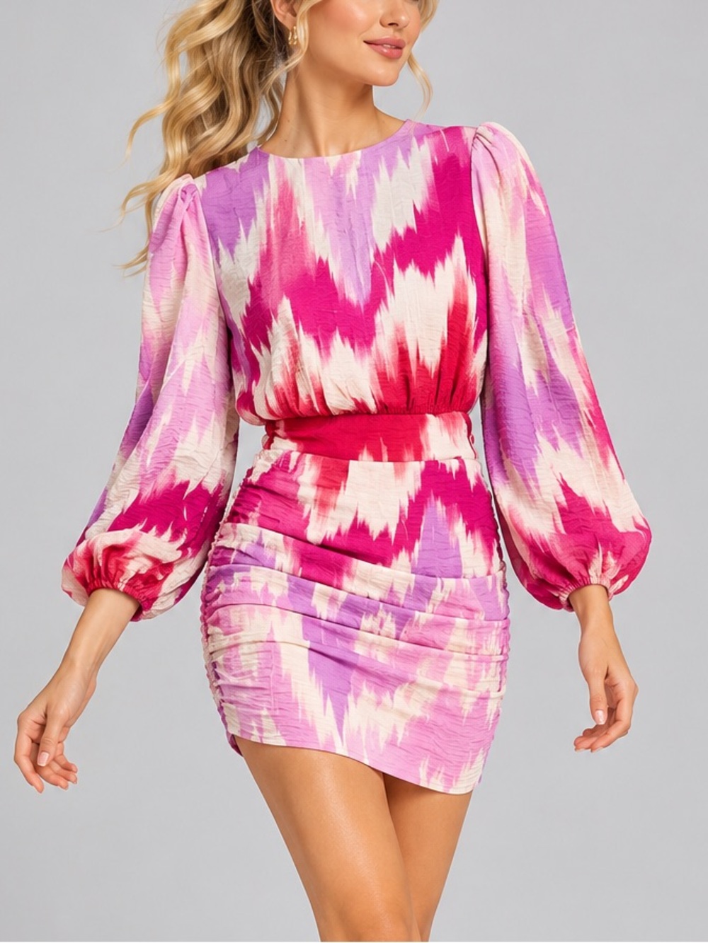 🆕💖💜Maje Pink Purple Tie Dye Mini Dress Puff Sleeve Size 34 XS Casual Party